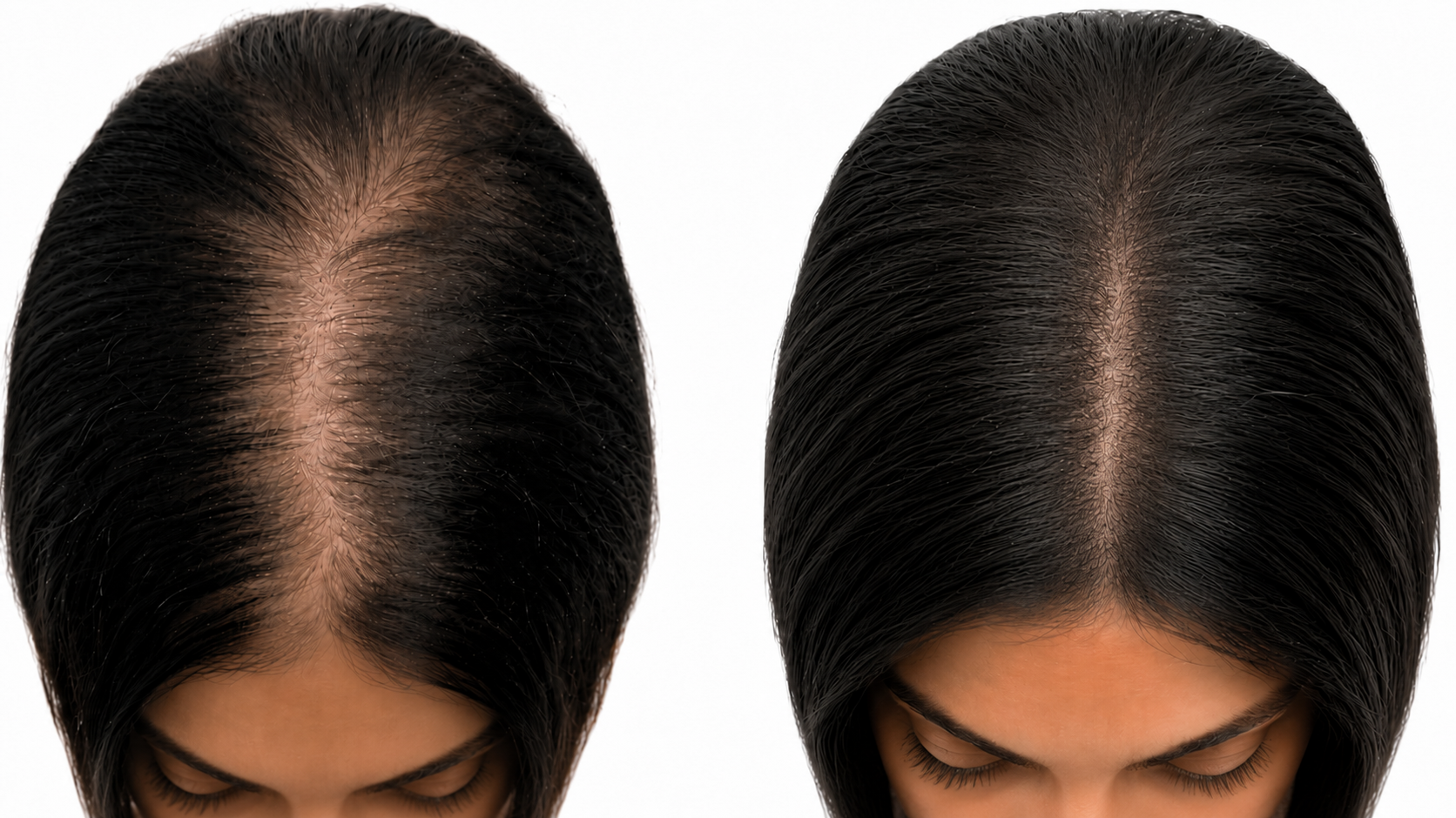 Before and after scalp micropigmentation for a woman with long hair