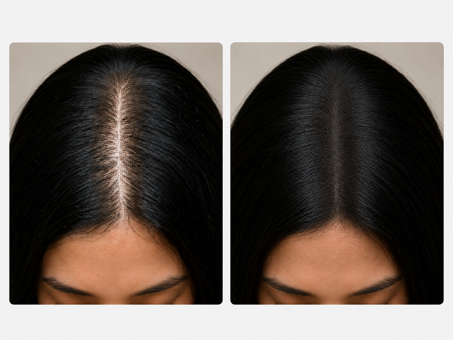 Before and after scalp density treatment for a woman with dark hair